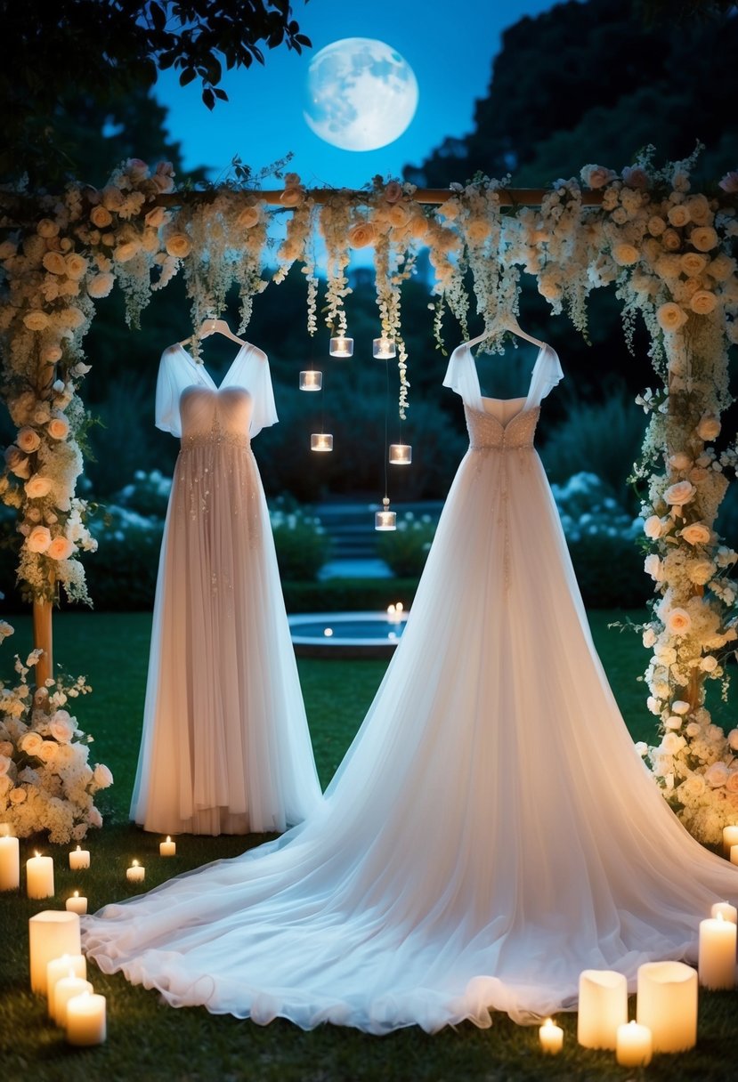 Ethereal flowing gowns in a moonlit garden, surrounded by floating candles and delicate floral arrangements