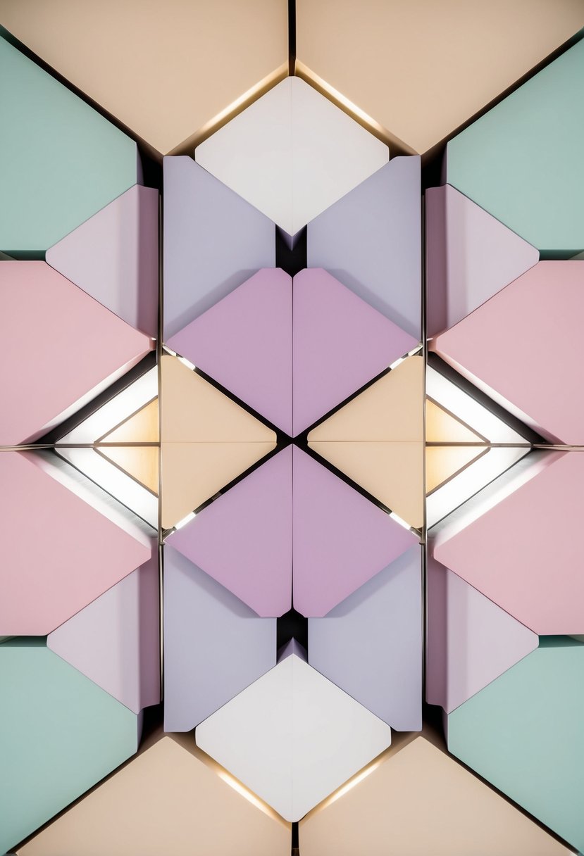 A series of interlocking geometric shapes in pastel colors, arranged in a symmetrical pattern