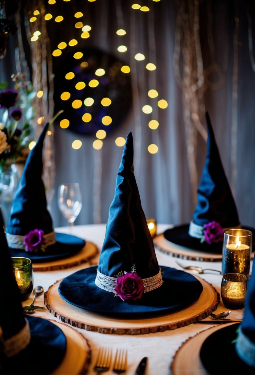 A table adorned with handcrafted witch hats for a witch wedding, surrounded by mystical decor and magical elements