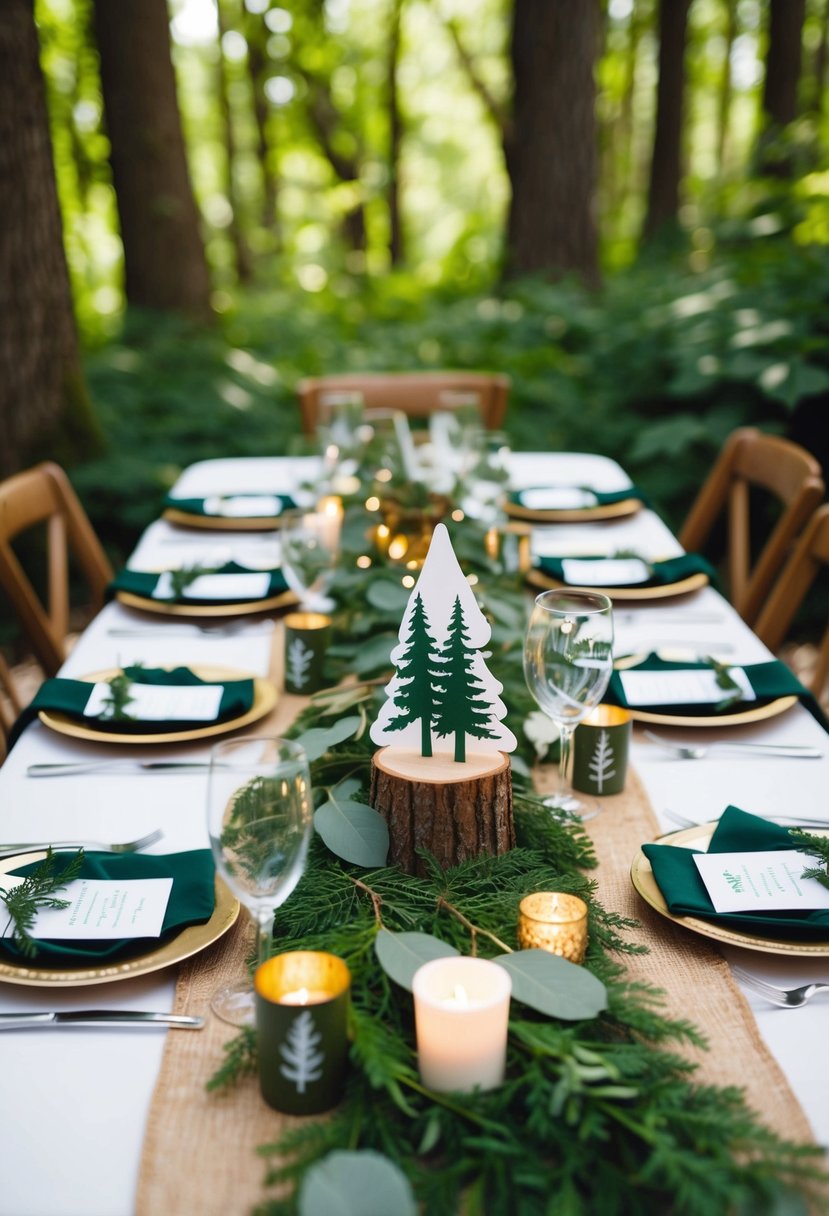 A table adorned with forest-themed wedding favors, surrounded by lush greenery and woodland elements