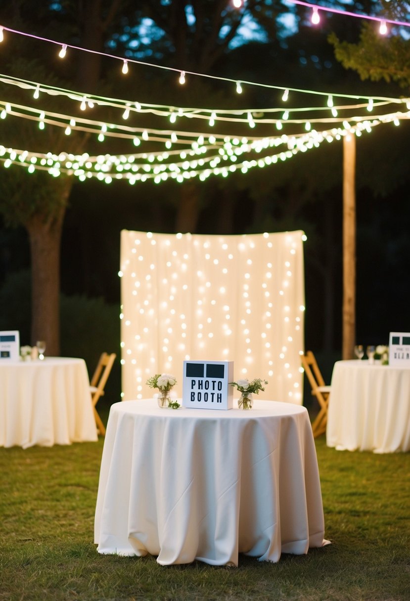 A cozy outdoor wedding reception with fairy lights, simple table decorations, and a DIY photo booth