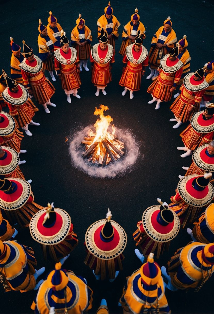 A circle of figures wearing elaborate ceremonial attire, moving in synchronized patterns around a central fire