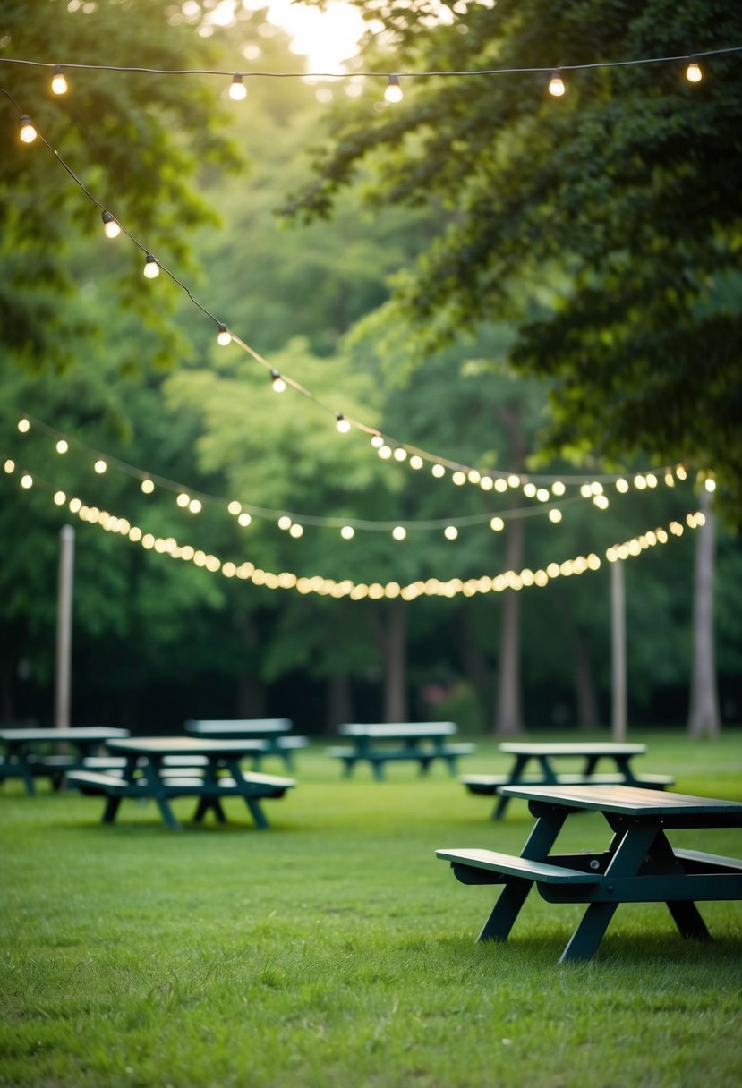 A serene park setting with a lush green backdrop, scattered picnic tables, and twinkling string lights overhead