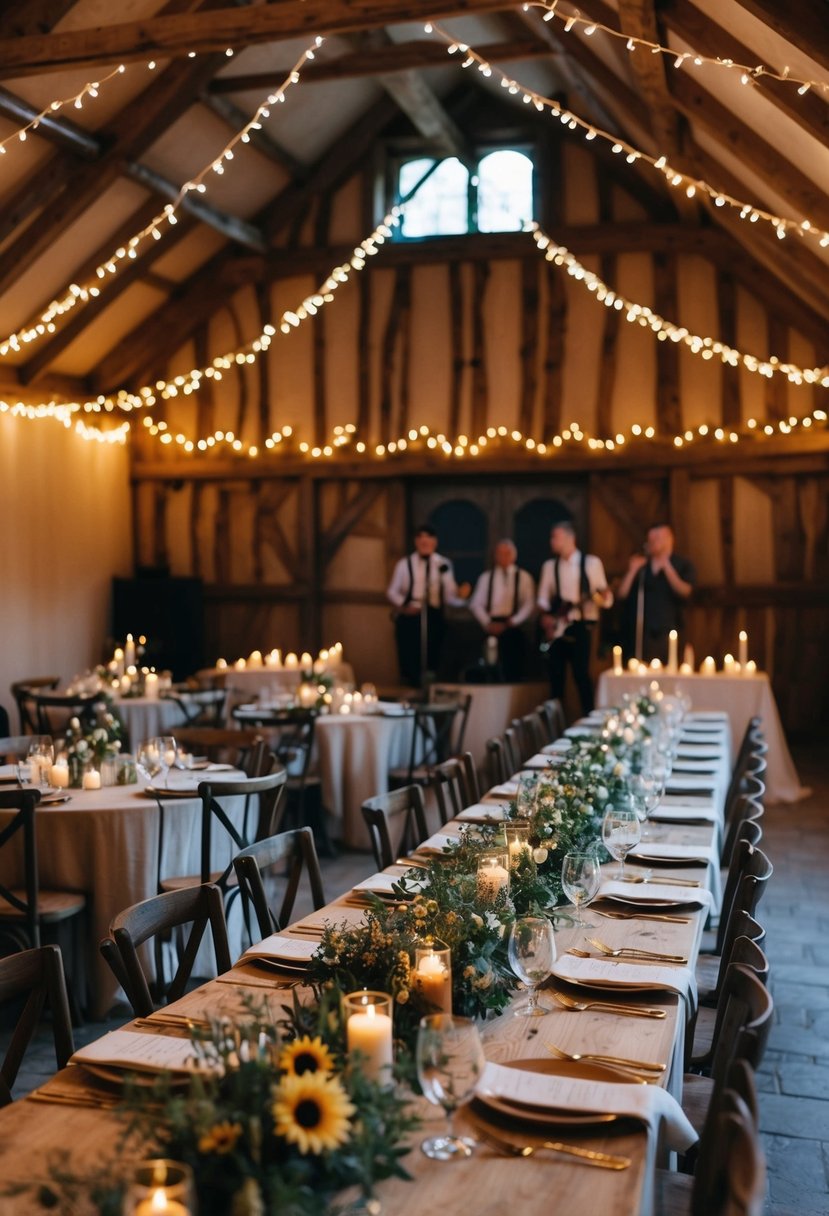 A cozy village hall with fairy lights, rustic decor, and a small stage for the band. Tables adorned with wildflowers and candles create an intimate setting for a budget-friendly wedding reception