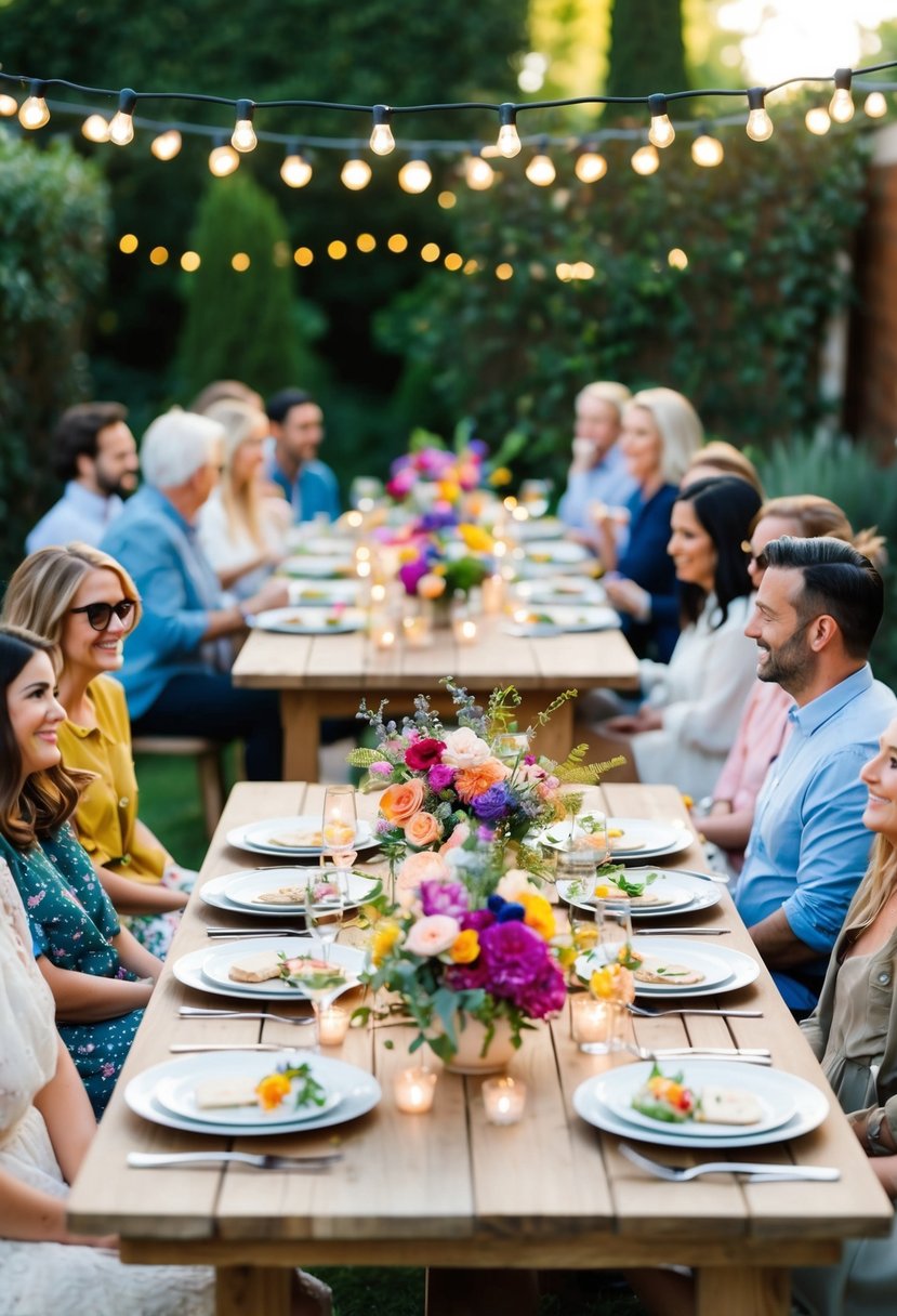 A cozy outdoor garden setting with a mix of round and long tables, adorned with colorful floral centerpieces and fairy lights, where guests enjoy a delightful brunch spread