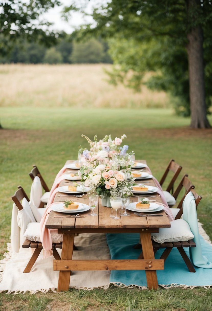 A charming picnic wedding with a rustic wooden table, vintage blankets, pastel flowers, and a spread of delectable food and drinks