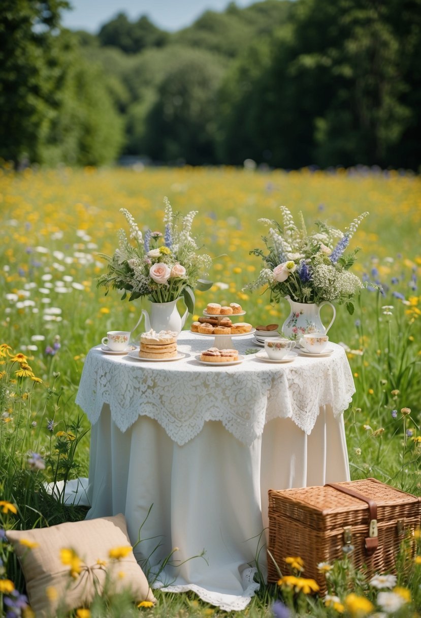 A whimsical picnic wedding in a lush meadow with a vintage lace tablecloth, wildflower bouquets, and a charming spread of pastries and tea