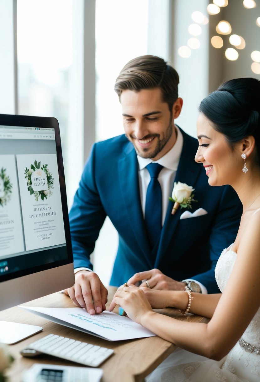 A couple designing digital wedding invitations on a computer to save money for their budget-friendly wedding reception