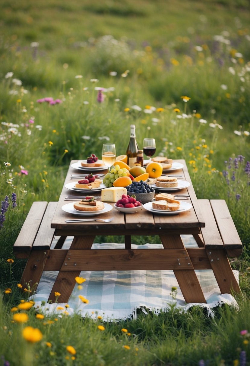 A rustic picnic table set with an array of charcuterie, cheeses, fruits, and bread, surrounded by wildflowers and nestled in a lush green meadow