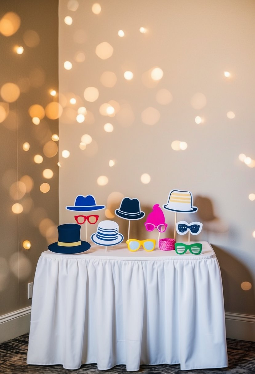 A table with DIY photo booth props, like hats and glasses, set up in a corner of a wedding reception