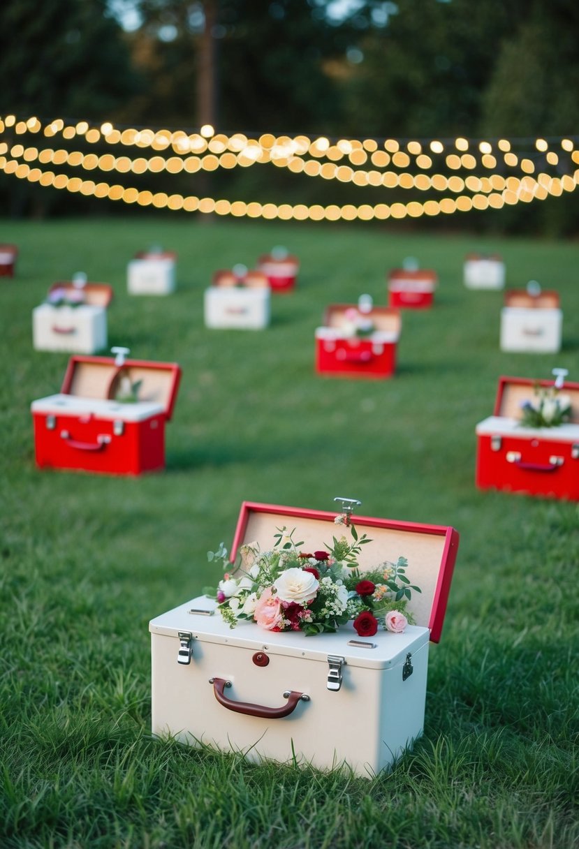 A grassy field with scattered individual picnic boxes, adorned with flowers and surrounded by twinkling lights, creating a romantic wedding picnic setting