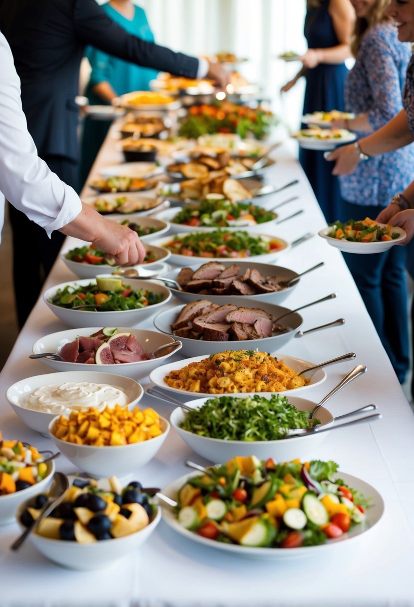 A long table covered with a white tablecloth is filled with an assortment of dishes, including salads, meats, and desserts. A few people are seen serving themselves from the buffet