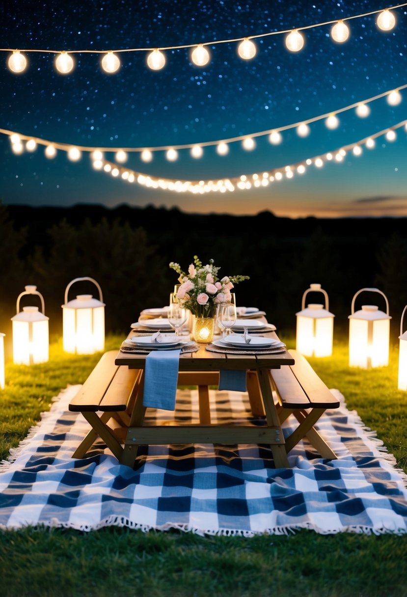 A cozy picnic blanket under a starry night sky, surrounded by glowing lanterns and a table set with elegant dinnerware and floral centerpieces