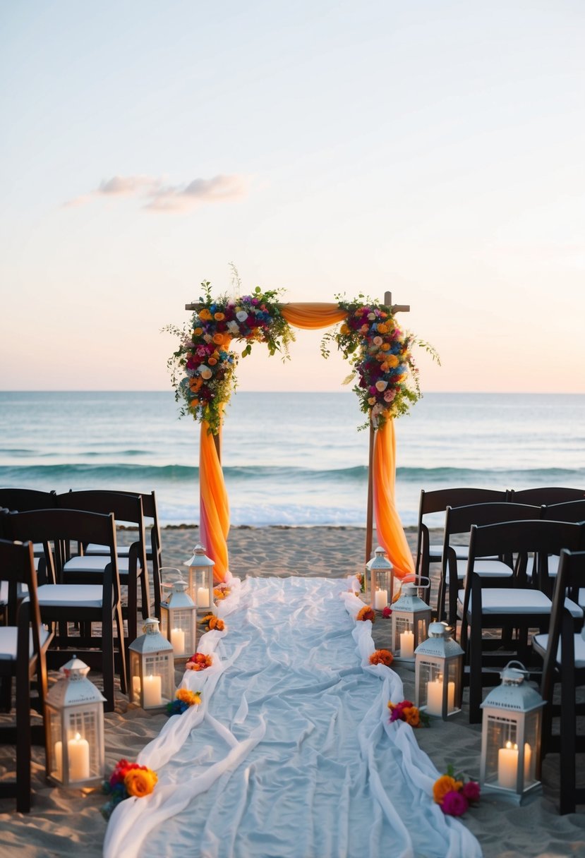 A simple beach ceremony with colorful flowers, flowing fabric, and lanterns lining the aisle, set against a backdrop of the ocean and a sunset