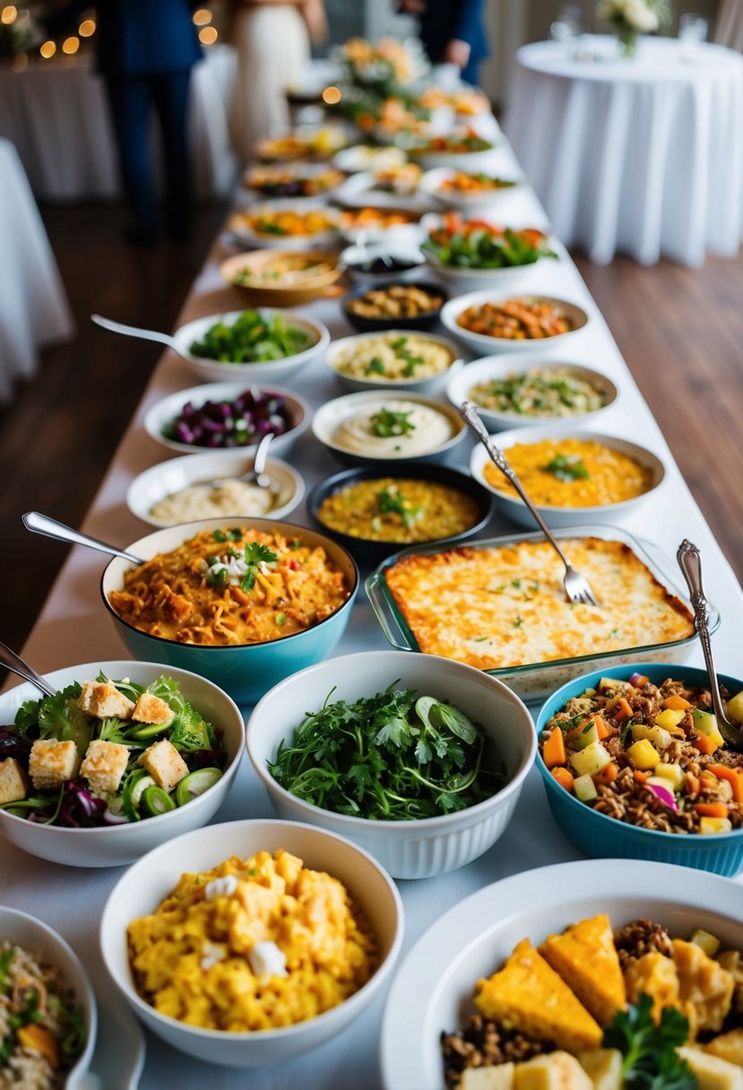 A table filled with a variety of homemade dishes, from salads to casseroles to desserts, all arranged in a potluck-style spread for a budget-friendly wedding reception