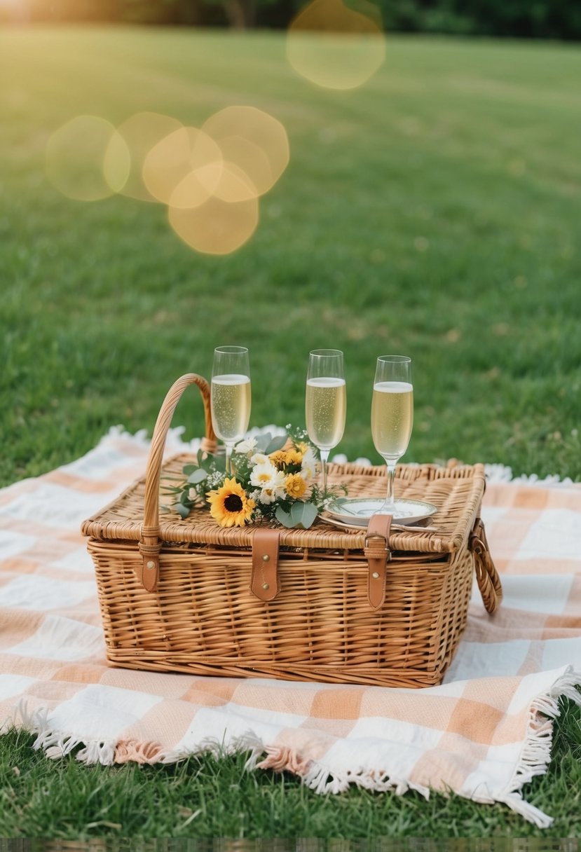 A vintage picnic blanket spread on the grass with a wicker basket, flowers, and champagne glasses