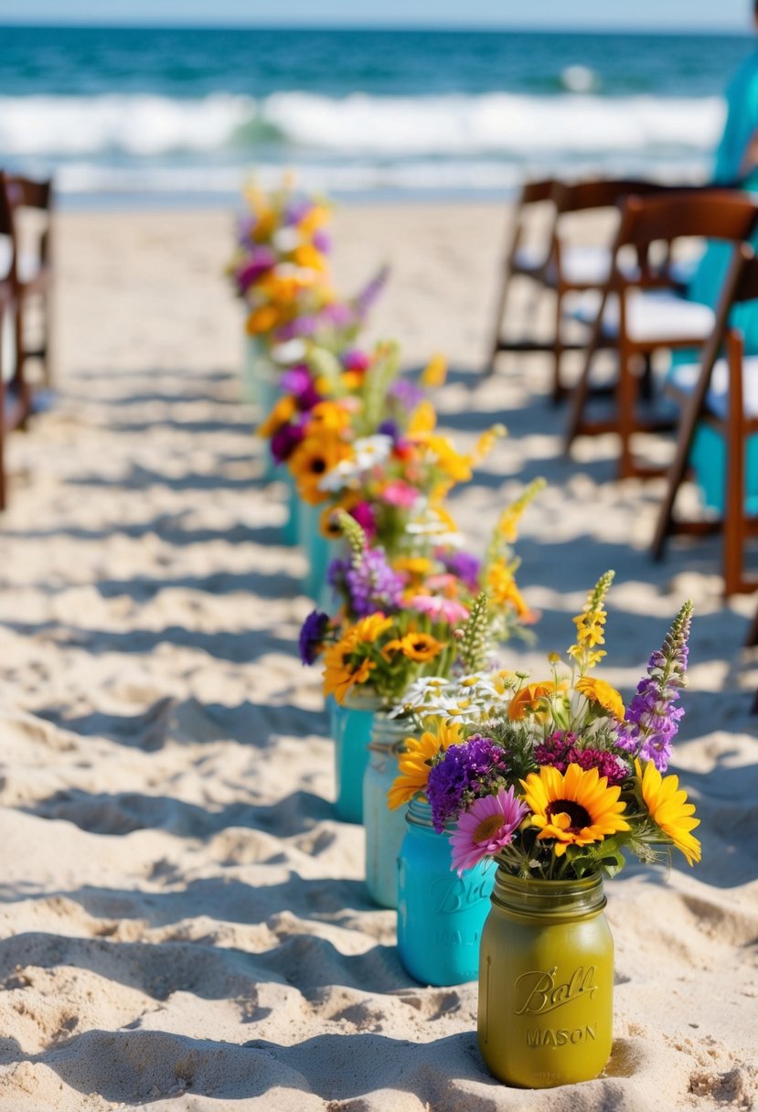 Colorful wildflowers arranged in mason jars line the sandy aisle of a beach wedding, with the ocean waves in the background