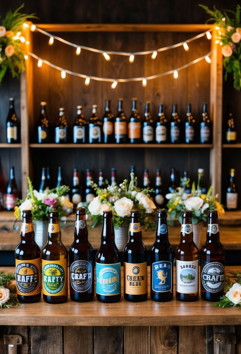 A rustic wooden bar adorned with a variety of craft beer and wine bottles, surrounded by twinkling string lights and floral arrangements