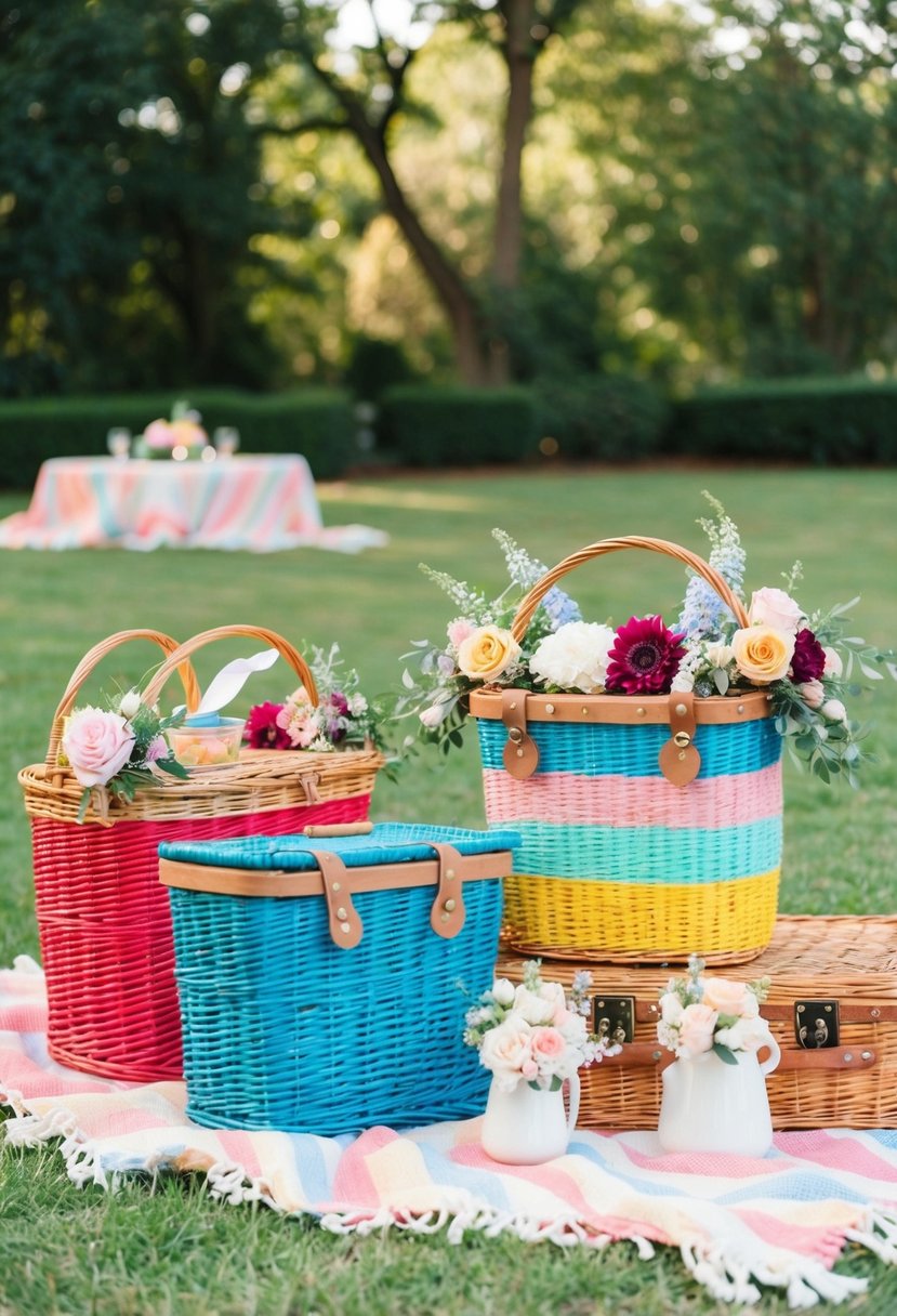 A charming outdoor setting with colorful picnic baskets, blankets, and floral decorations for a romantic wedding picnic