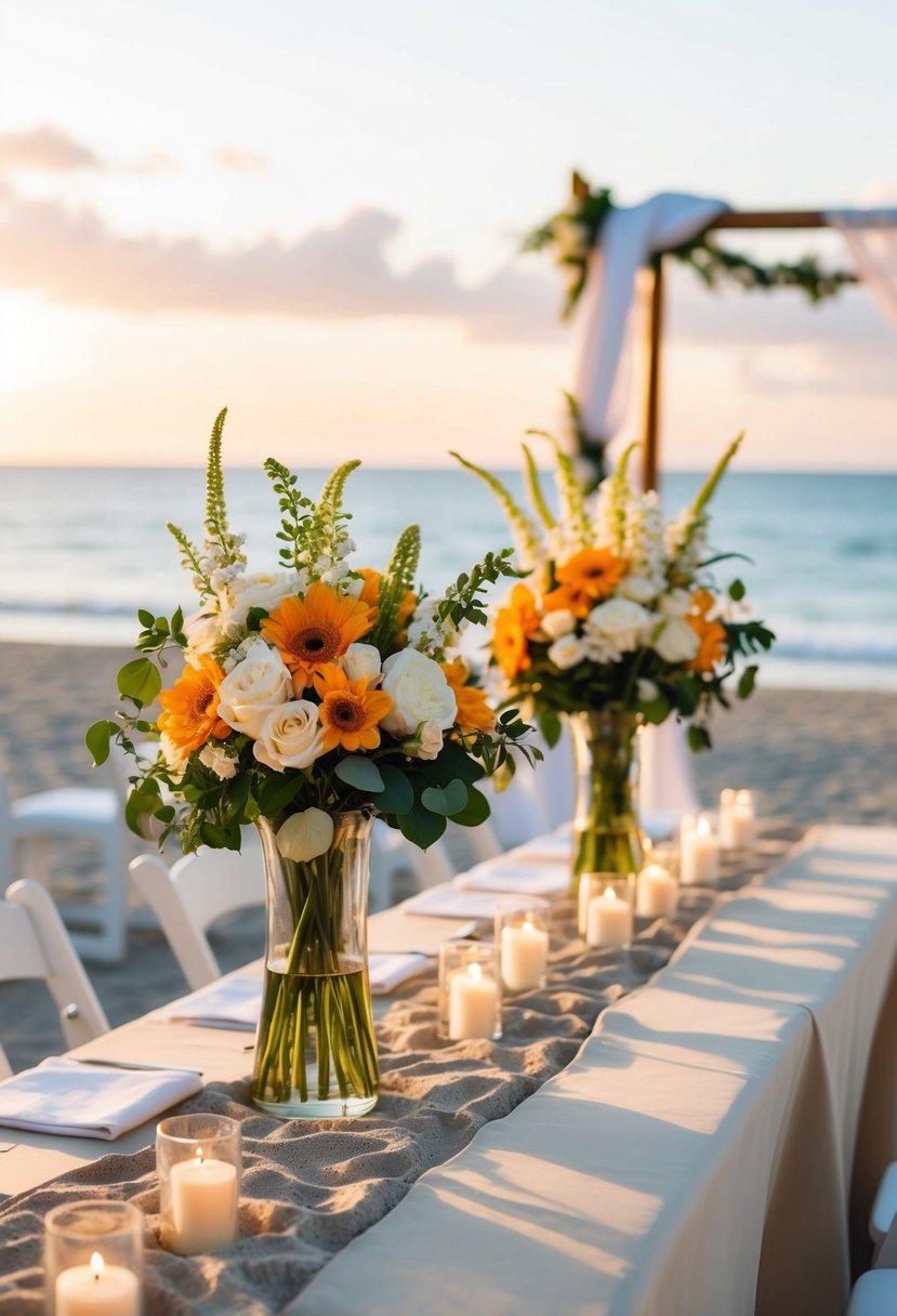 Ceremony flowers arranged in vases on sandy beach tables, with ocean backdrop and sunset