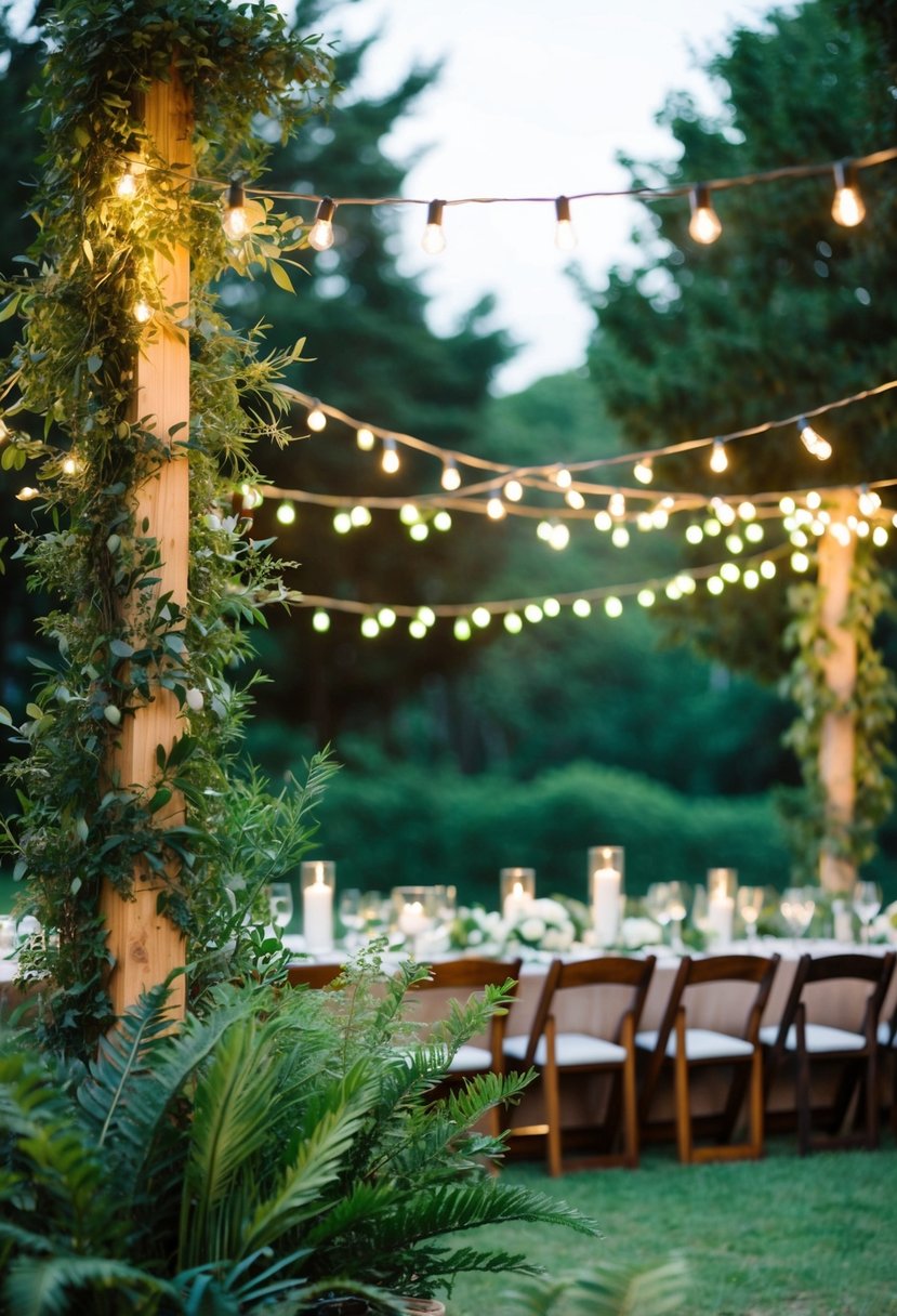 String lights twine around lush greenery, illuminating a rustic wedding reception on a budget