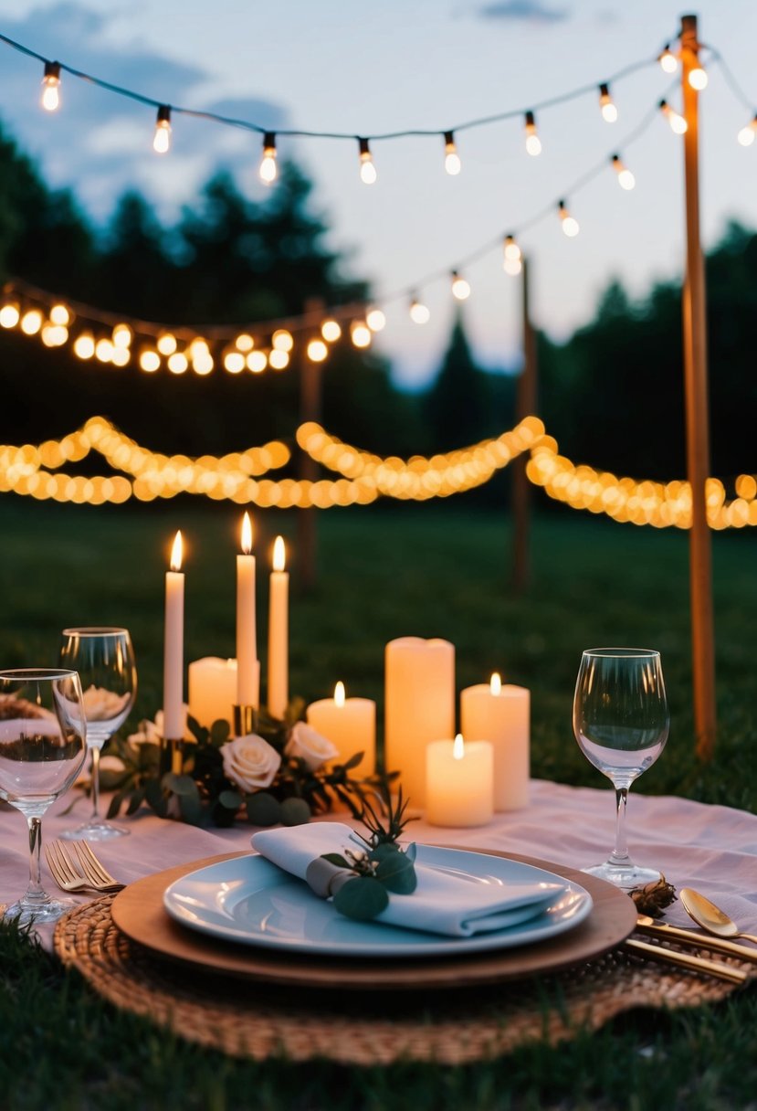 An elegant picnic wedding scene with glowing lights and candles