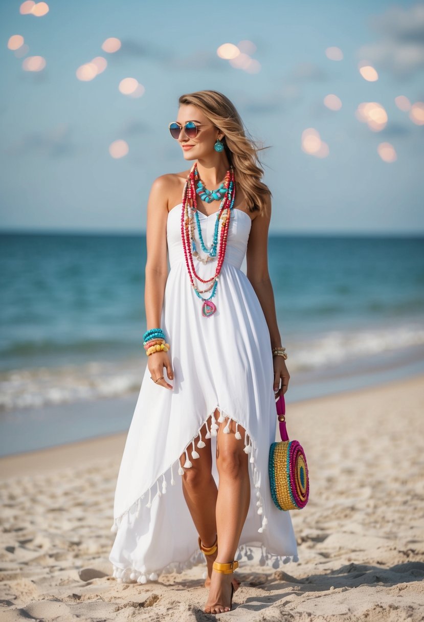 A white dress with colorful accessories on a sandy beach