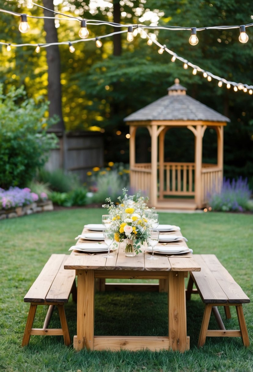 A cozy backyard with twinkling string lights, a rustic wooden table adorned with wildflowers, and a small gazebo for the couple to exchange vows