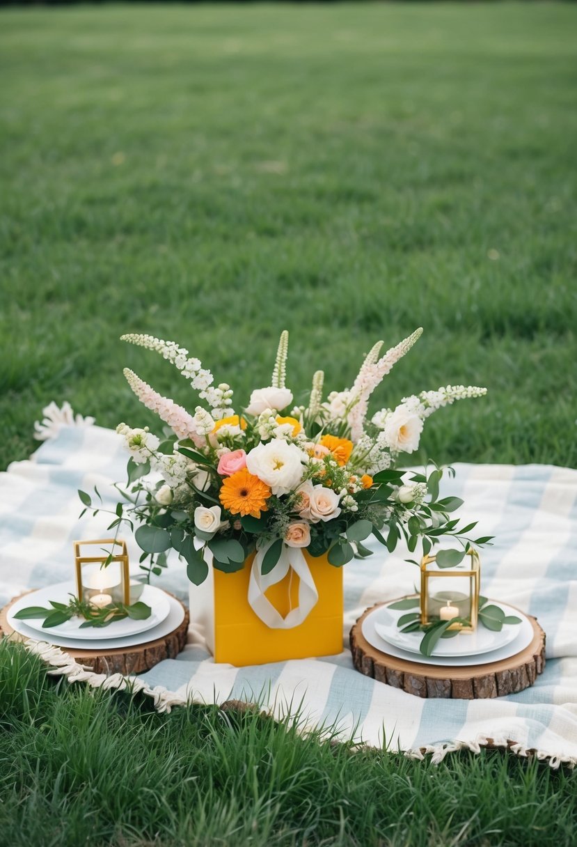 A picnic blanket with fresh floral arrangements and wedding decor set up in a lush green field