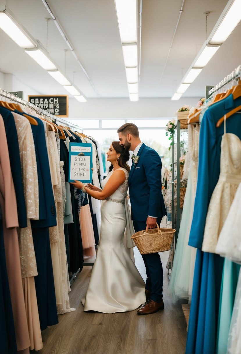 A couple browsing through racks of second-hand wedding dresses and suits at a local charity shop, with a beach wedding mood board in hand