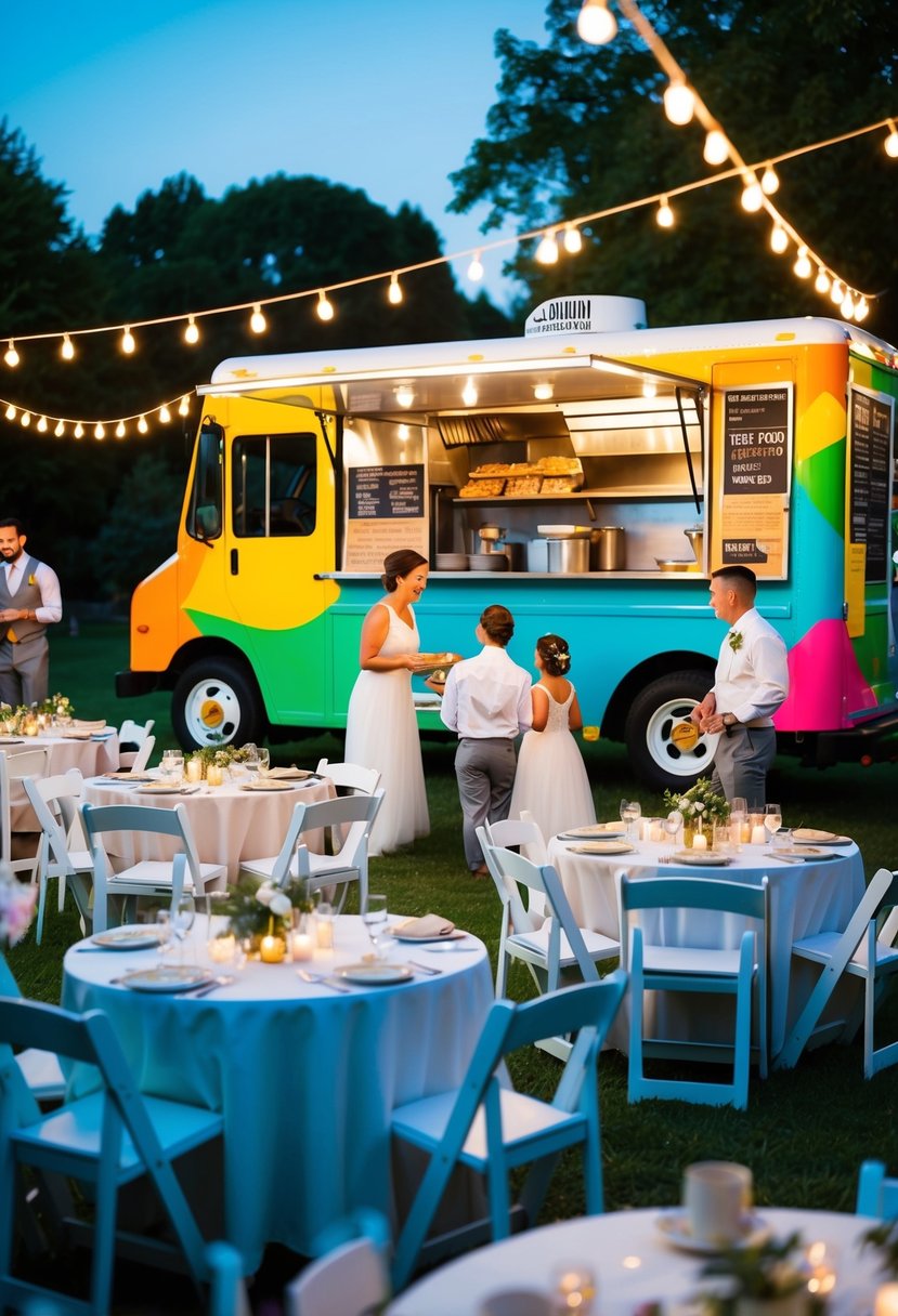 A colorful food truck serves a variety of dishes at a lively outdoor wedding reception. Tables are adorned with simple yet elegant decorations