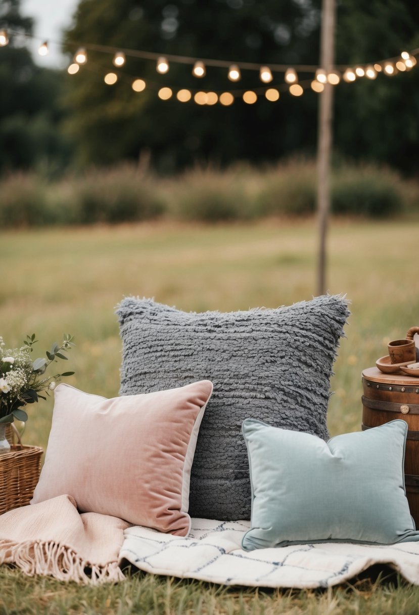 A cozy, outdoor picnic wedding with plush cushions, soft throws, and rustic decor