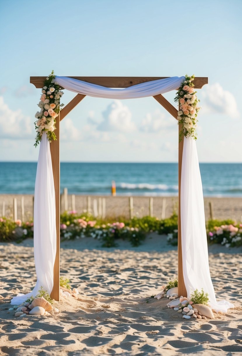 A sandy public beach with a simple wooden arch adorned with white fabric, surrounded by seashells and flowers, with a view of the ocean