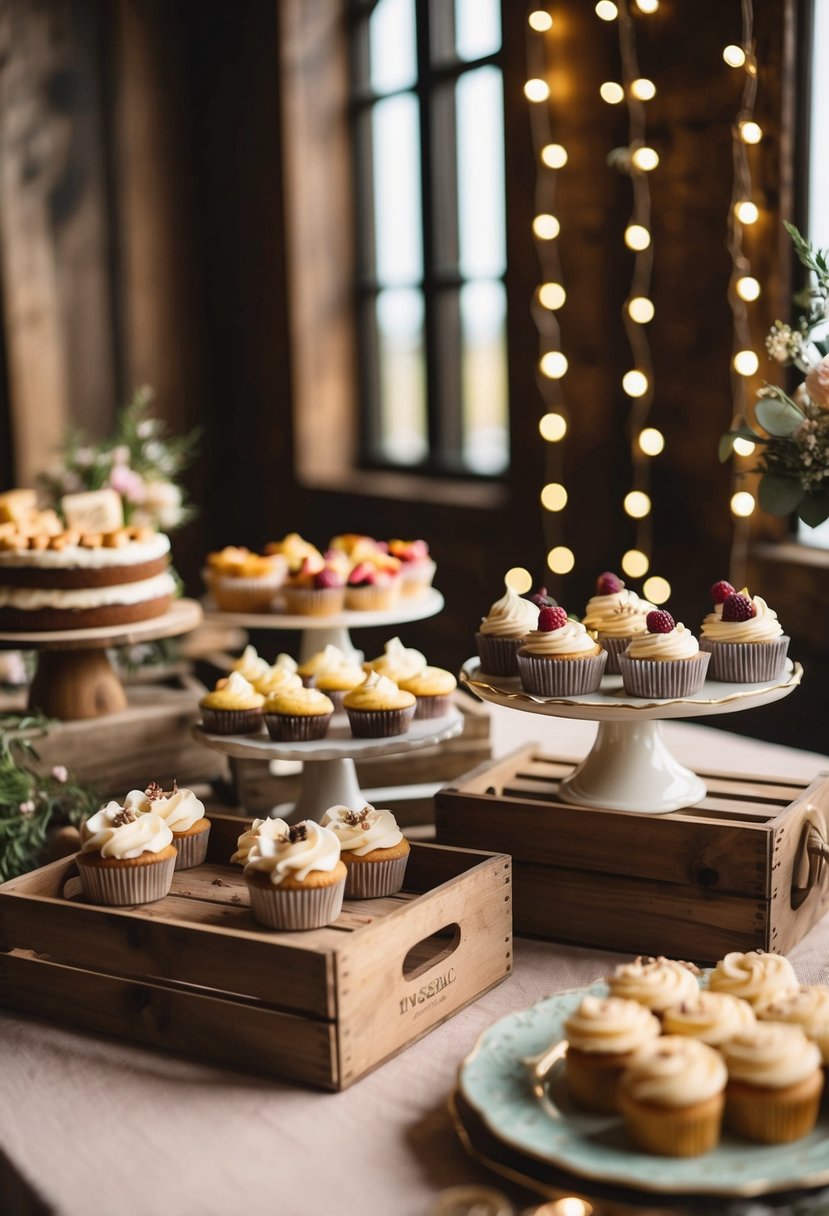 A rustic dessert table with homemade cakes, cupcakes, and pastries displayed on wooden crates and vintage platters. Twinkling lights and floral accents add a romantic touch