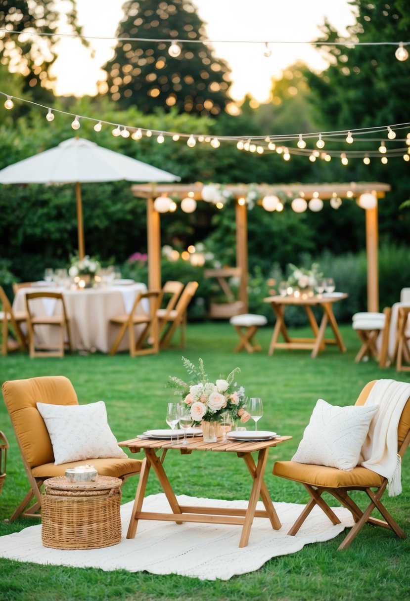 A cozy outdoor picnic wedding setup with charming seating options amidst a picturesque garden setting