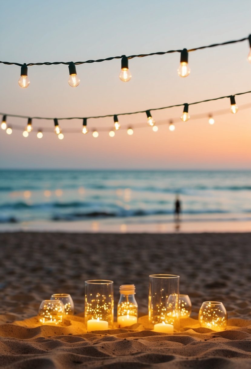 Fairy lights twinkle above a sandy beach, casting a warm glow on a simple, budget-friendly wedding setup