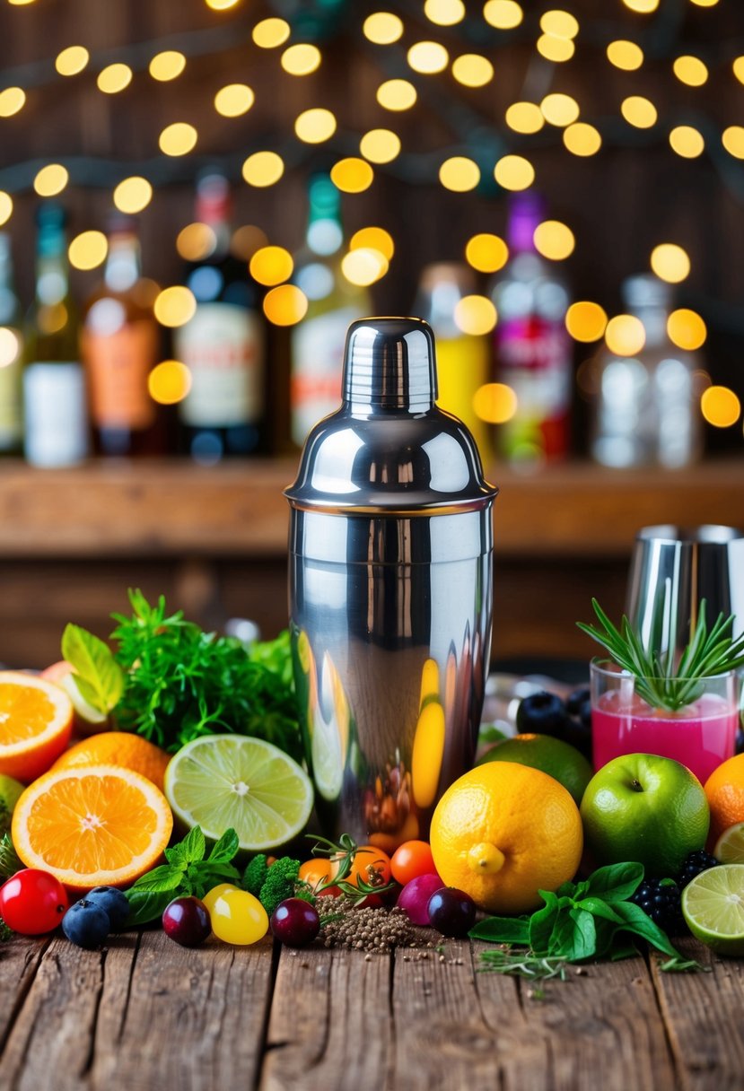 A colorful array of fresh fruits, herbs, and mixers surround a sleek cocktail shaker on a rustic wooden bar, with twinkling lights in the background