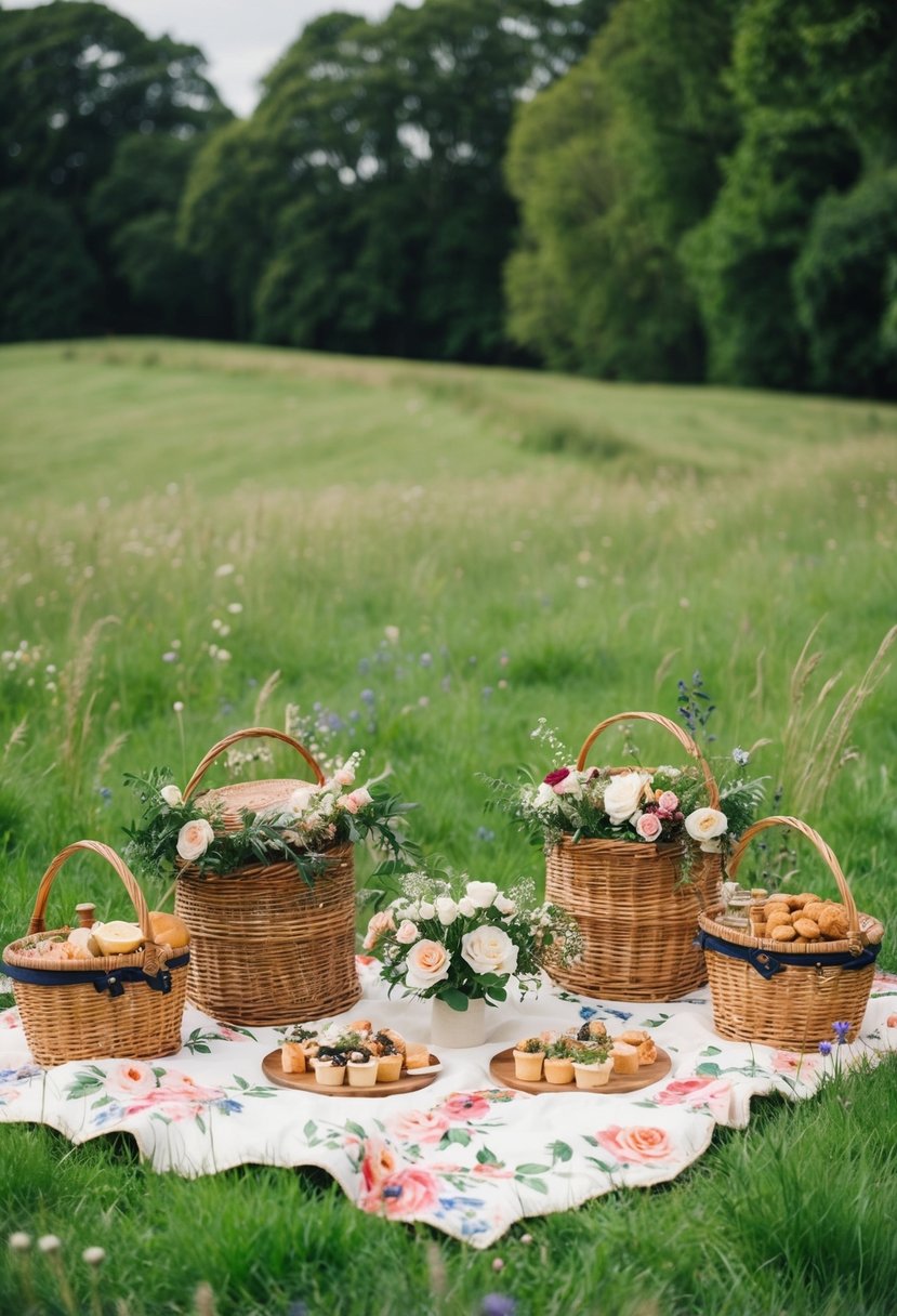 A lush green meadow with a floral picnic blanket spread out, surrounded by bespoke food baskets filled with artisanal goodies, set up for a romantic wedding picnic