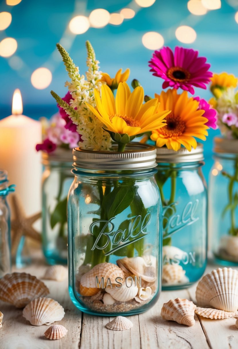 Mason jars filled with vibrant flowers and seashells, surrounded by beach-themed decor and soft candlelight