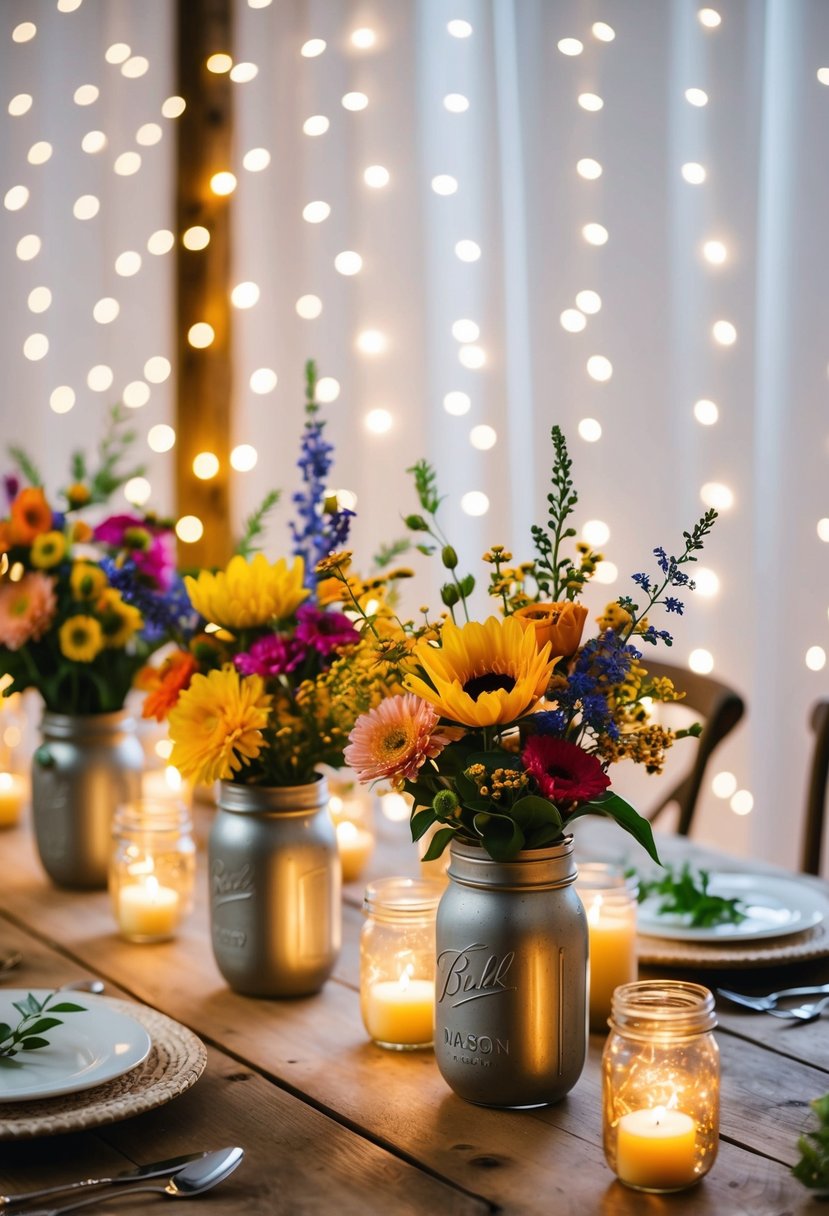 A rustic wooden table adorned with colorful seasonal flowers in mason jar vases, set against a backdrop of soft candlelight and twinkling fairy lights