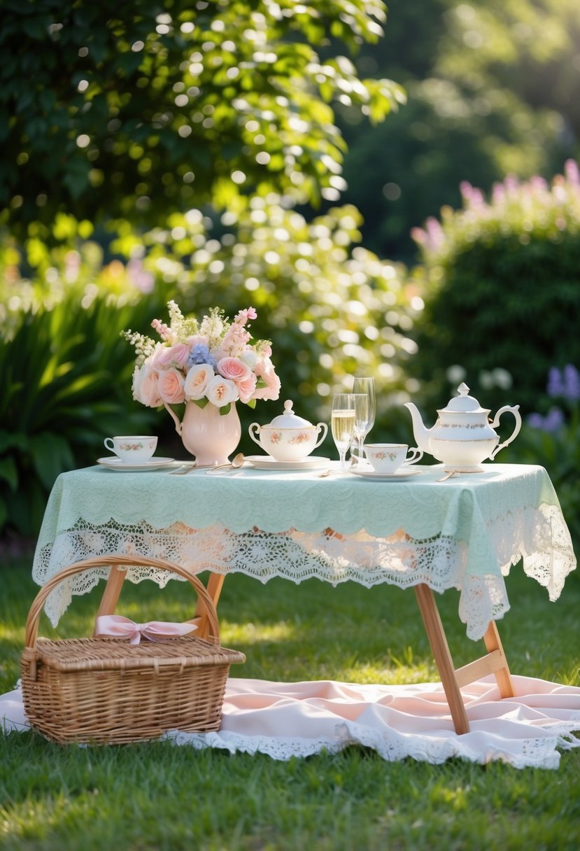 A charming outdoor picnic with elegant tea sets, pastel floral arrangements, and delicate lace tablecloths set against a backdrop of lush greenery and dappled sunlight