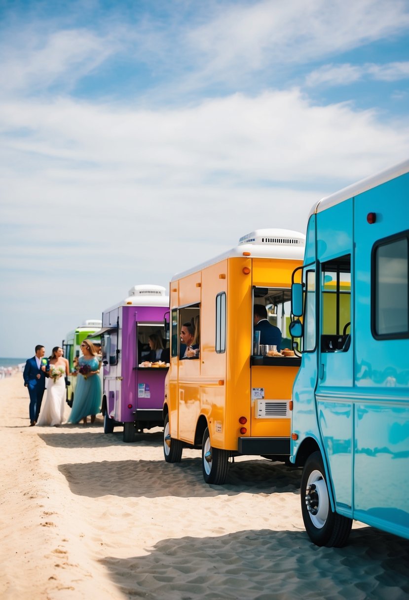 A row of colorful food trucks parked along a sandy beach, with wedding guests enjoying a casual and affordable catering option for a beach wedding on a budget