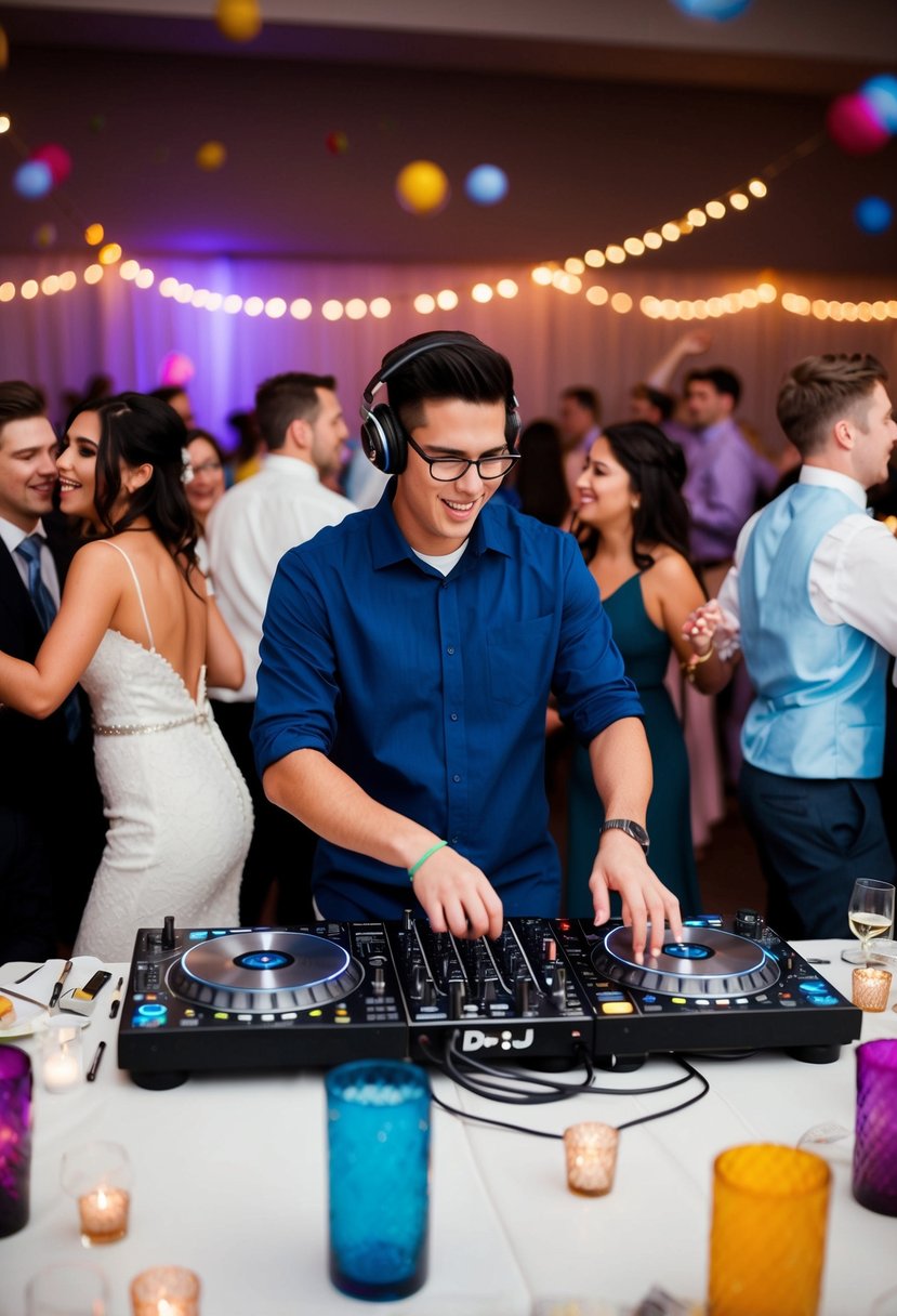 A student DJ spins tunes at a lively wedding reception, surrounded by dancing guests and colorful decorations