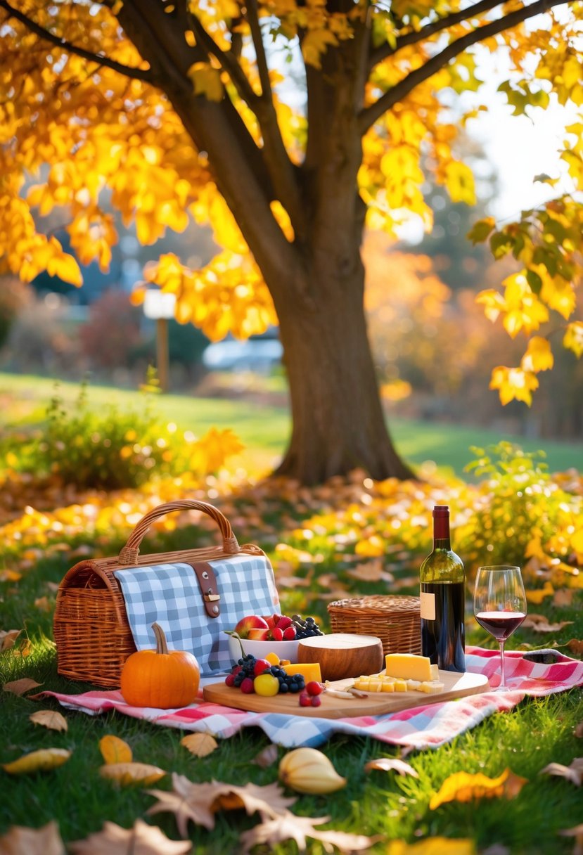 A cozy picnic under a colorful autumn tree with a spread of fruits, cheese, and wine, surrounded by fallen leaves and warm sunlight