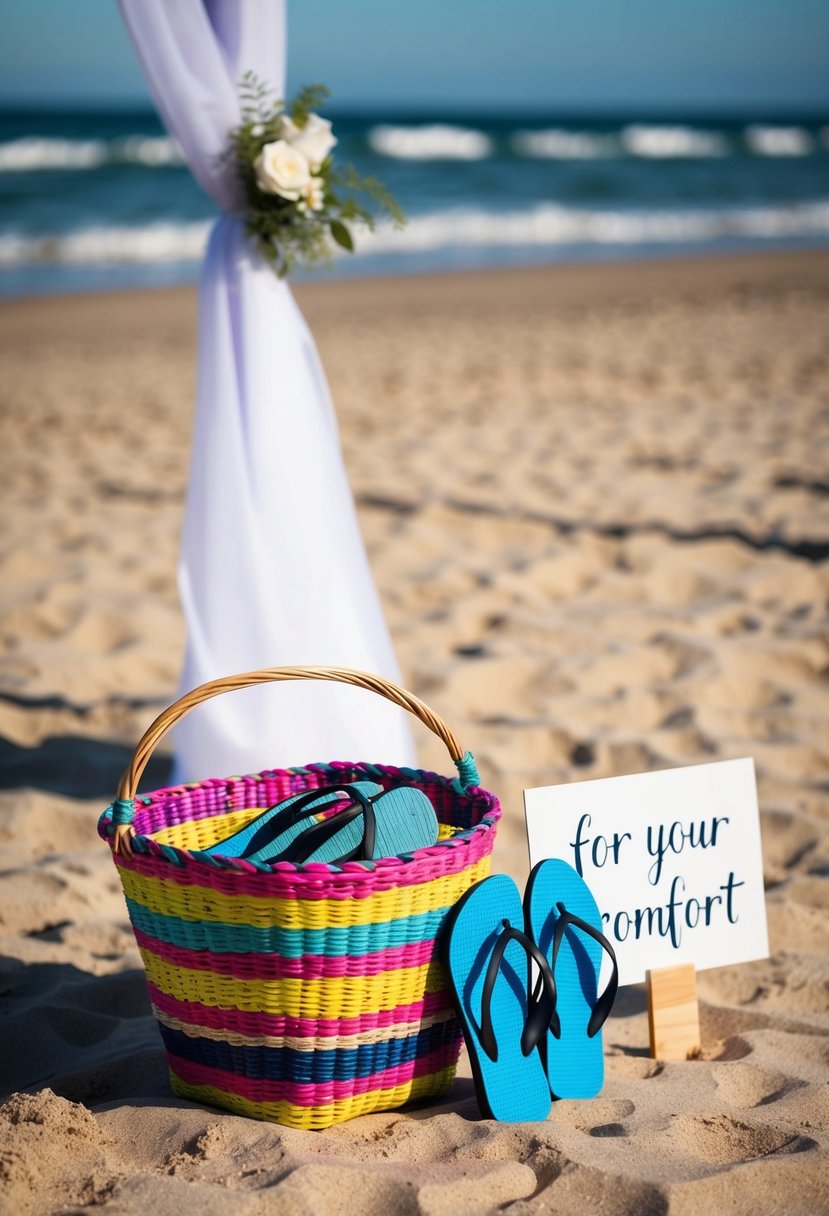 A basket of colorful flip-flops sits on a sandy beach next to a sign reading "For Your Comfort." A gentle ocean breeze ruffles the nearby wedding decorations