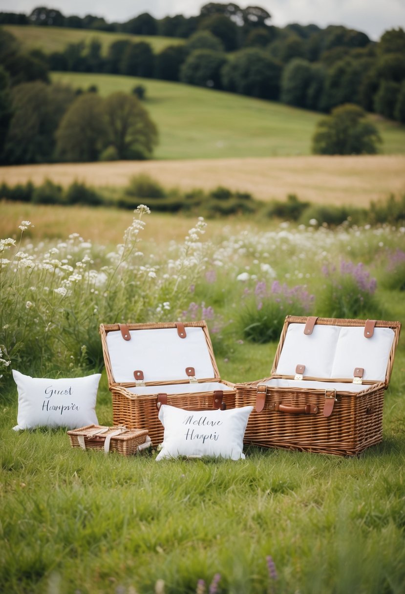 A picnic wedding scene with personalized guest hampers scattered on a grassy meadow, surrounded by blooming wildflowers and a charming countryside backdrop