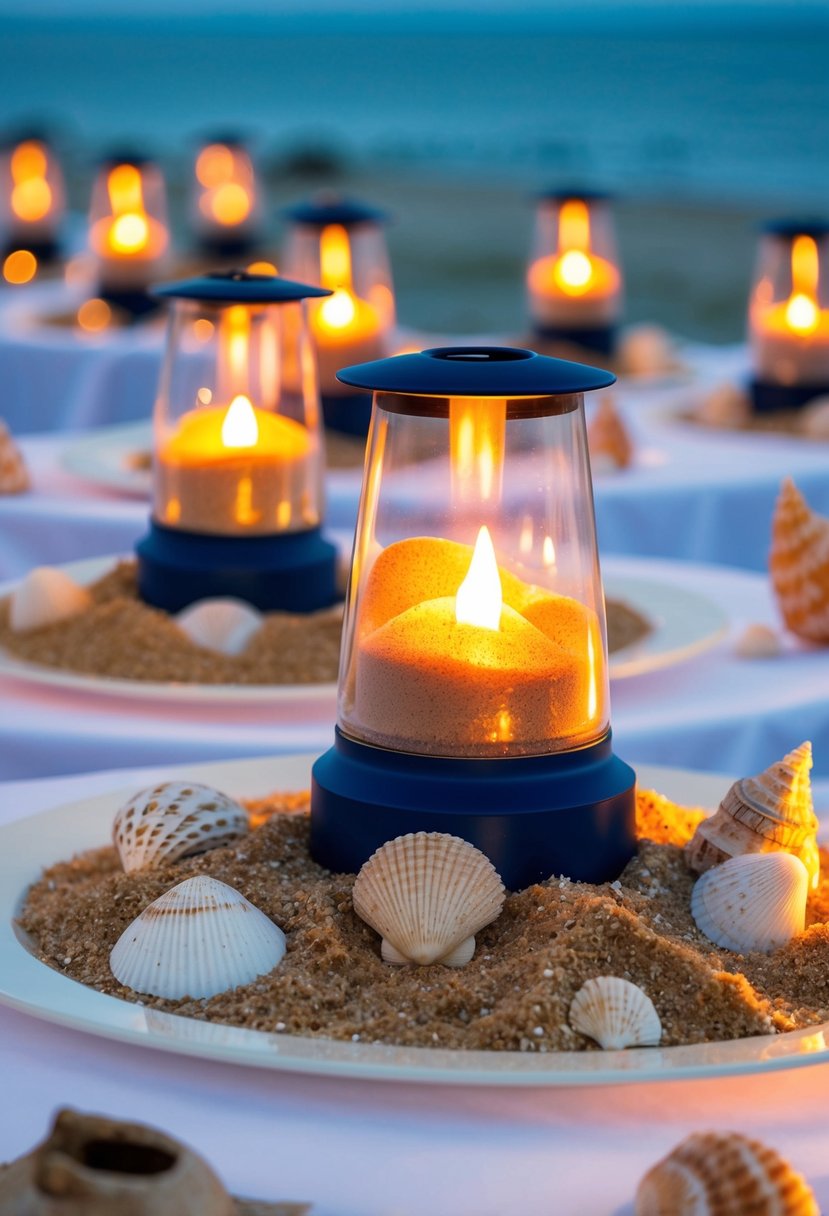 Sand-filled lanterns illuminate beach wedding tables, casting a warm glow on seashells and driftwood