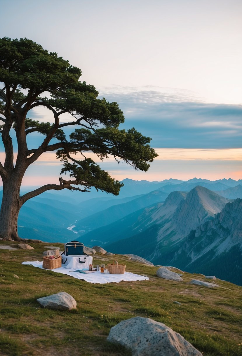 A serene mountaintop with a picnic set-up under a grand oak tree, overlooking a breathtaking valley and distant peaks