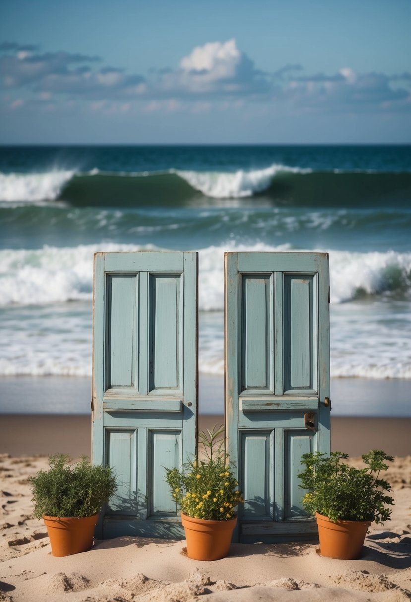 Old doors propped in sand, adorned with potted herbs. Waves crash in the background, setting the scene for a beach wedding on a budget