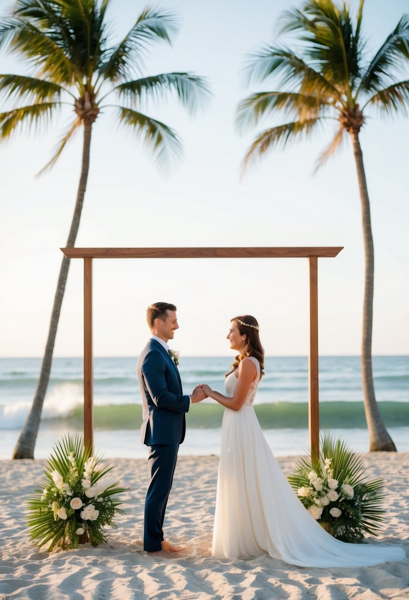 A couple exchanging vows on a sandy beach with a simple wooden arch, surrounded by palm trees and the ocean waves